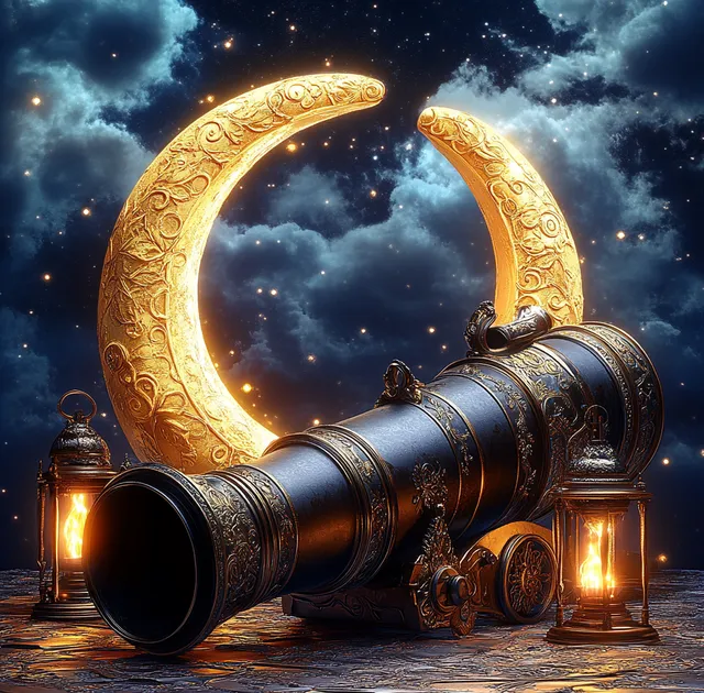 Ornate antique telescope beside glowing lanterns under golden crescent moon and cloudy stars