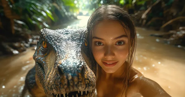 A young woman holds a selfie beside a large crocodile in muddy water inside a jungle river.