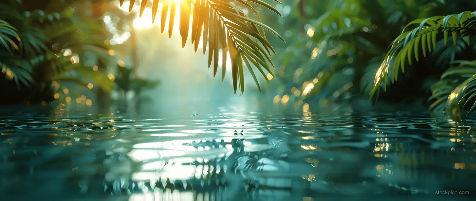Palm fronds over a clear pool water surface with sunlit reflections and leaf shadows.
