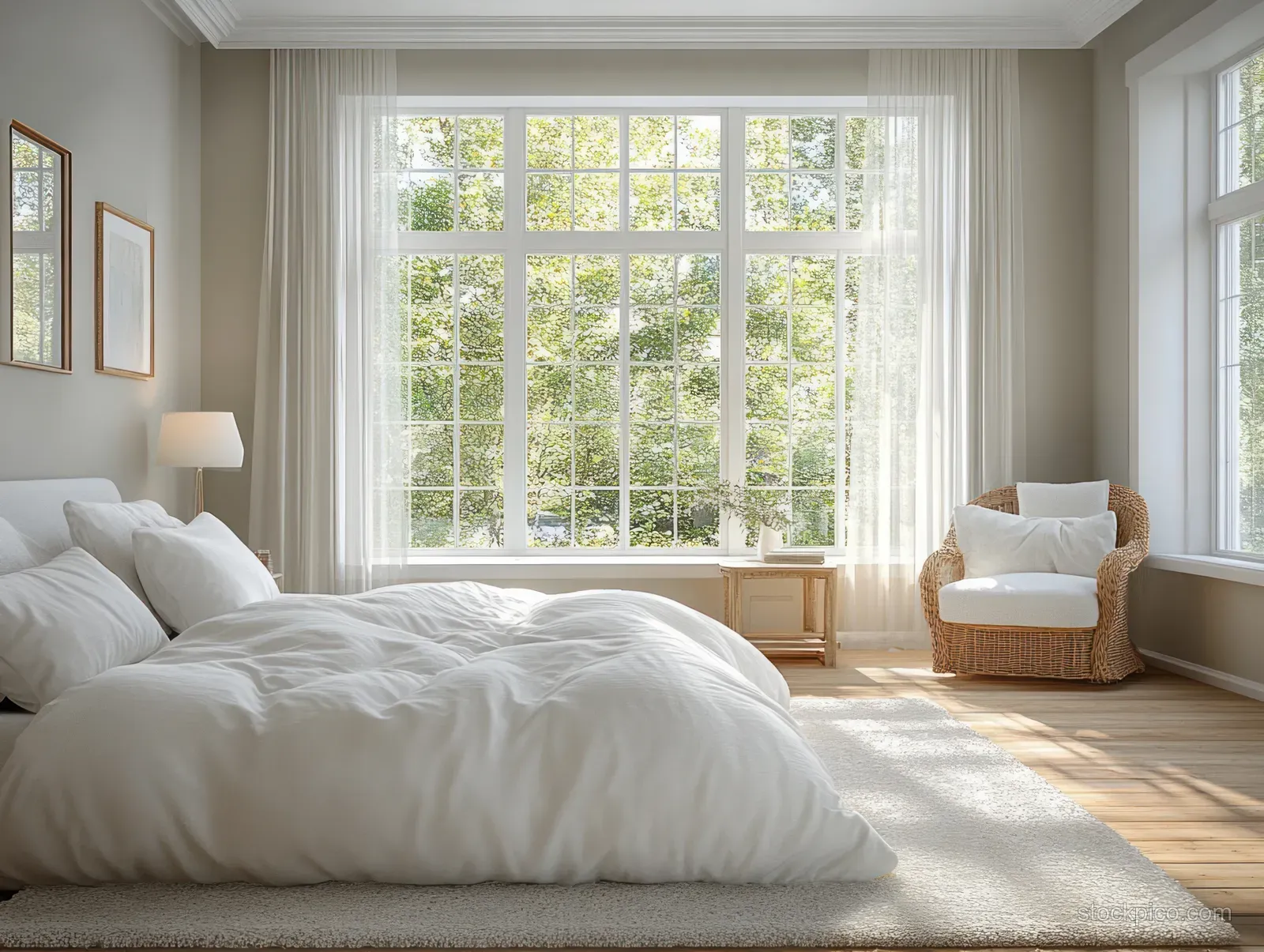 Sunlight fills a minimalist bedroom with a white bed and an armchair facing large windows overlooking green trees.