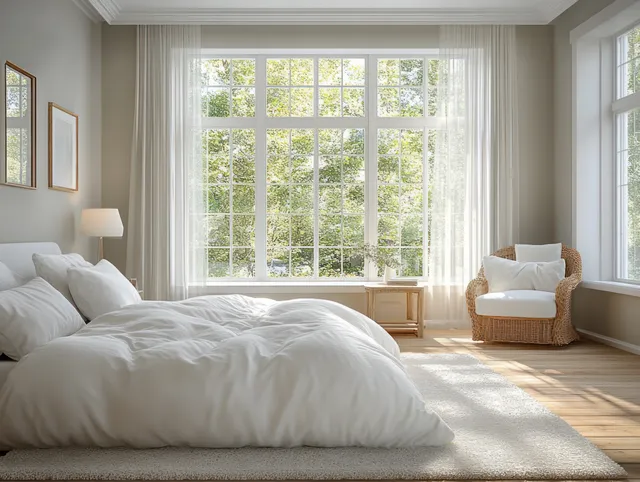 Sunlight fills a minimalist bedroom with a white bed and an armchair facing large windows overlooking green trees.