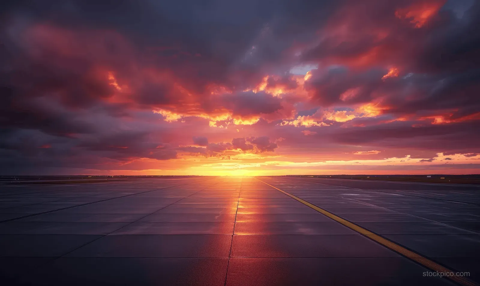 Sunset glow over an empty airport runway with vibrant clouds and reflective tarmac lines.