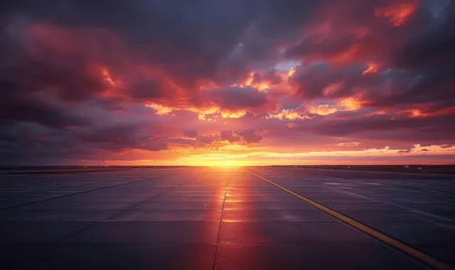 Sunset over airport runway with vivid orange and purple clouds reflecting on tarmac
