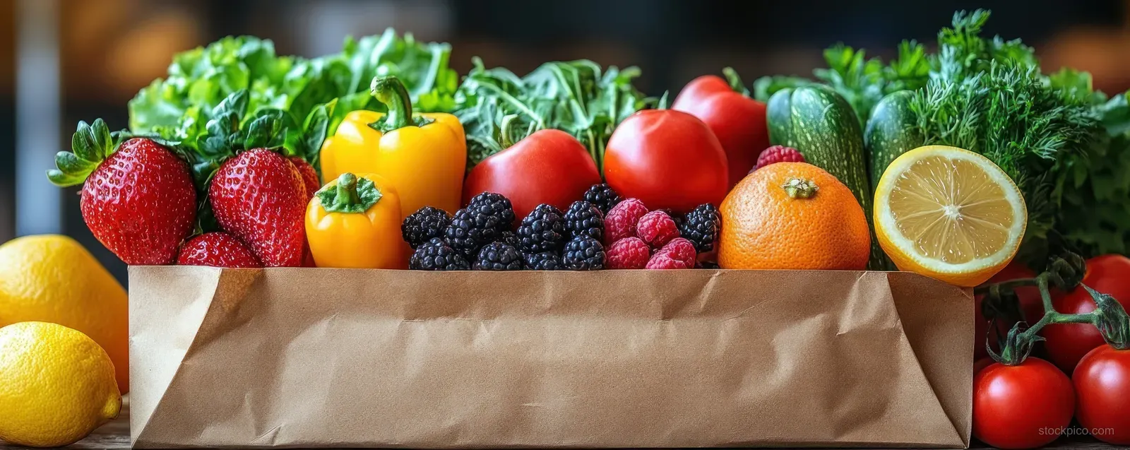 Brown paper bag spilling strawberries, tomatoes, citrus, and leafy greens on a market table in a top view.