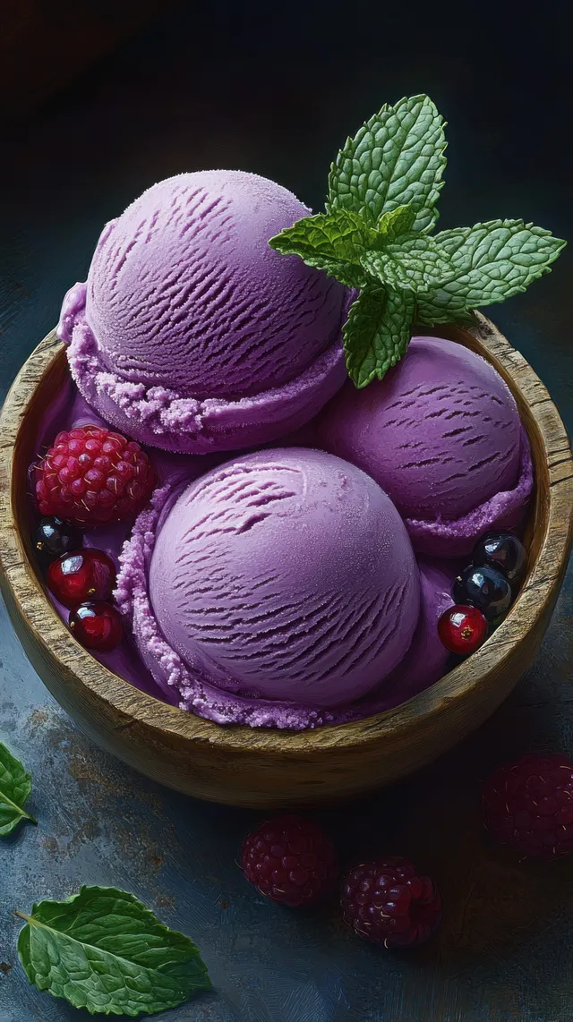 Three scoops of purple berry ice cream in a wooden bowl topped with raspberries and mint leaves.