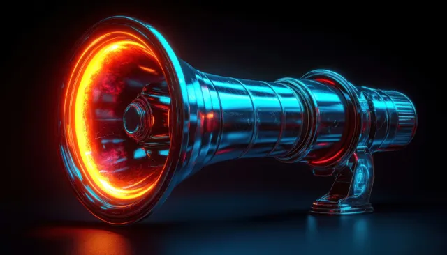 Futuristic metallic megaphone with an orange glowing inner ring on a dark studio background.