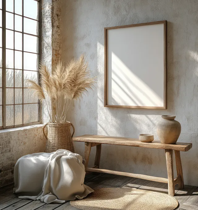 Blank framed picture hangs above a wooden side table with a bowl and dried pampas grass in a sunlit minimalist room.