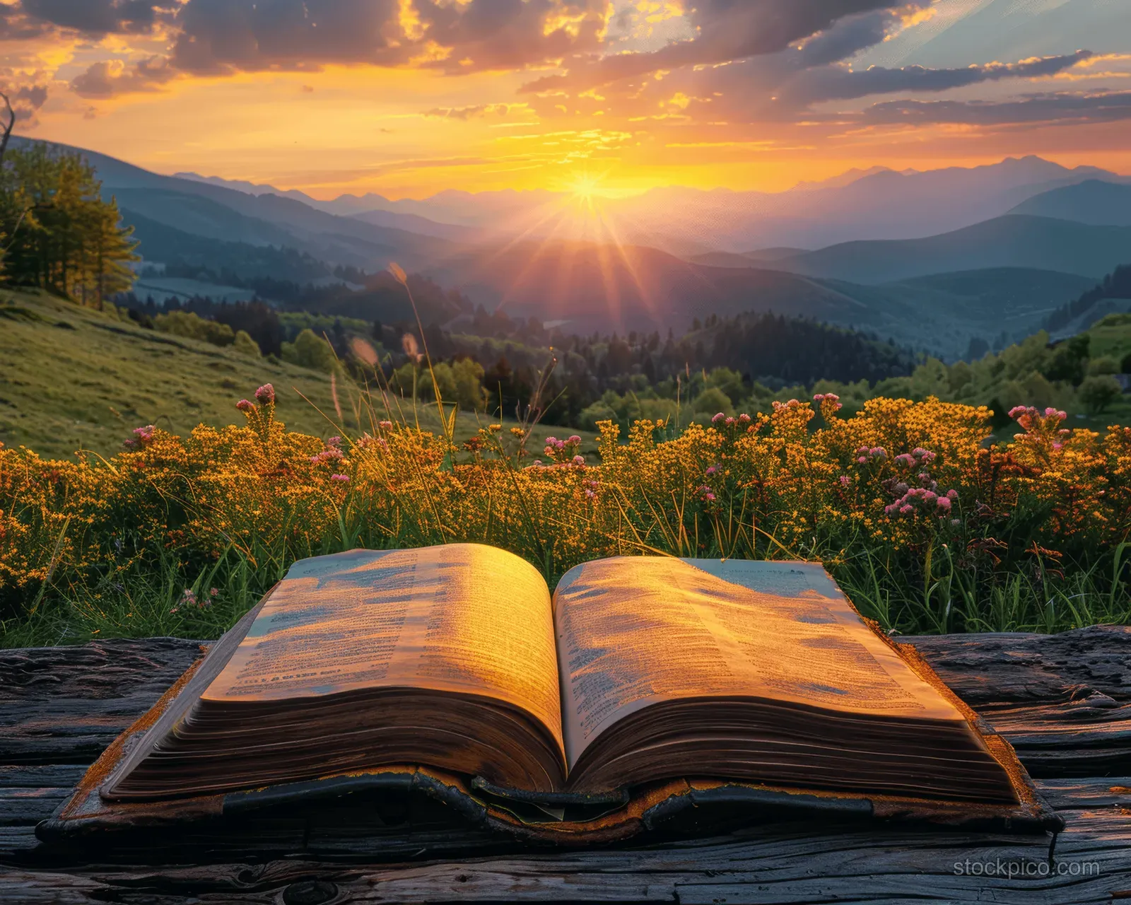 An open book lies on a wooden table with sunset mountains and a green meadow in the background.