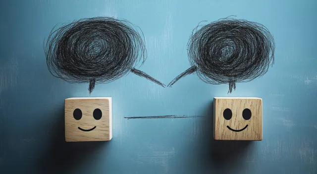 Two wooden blocks with smiling faces connected by sketched speech bubbles on a blue background.