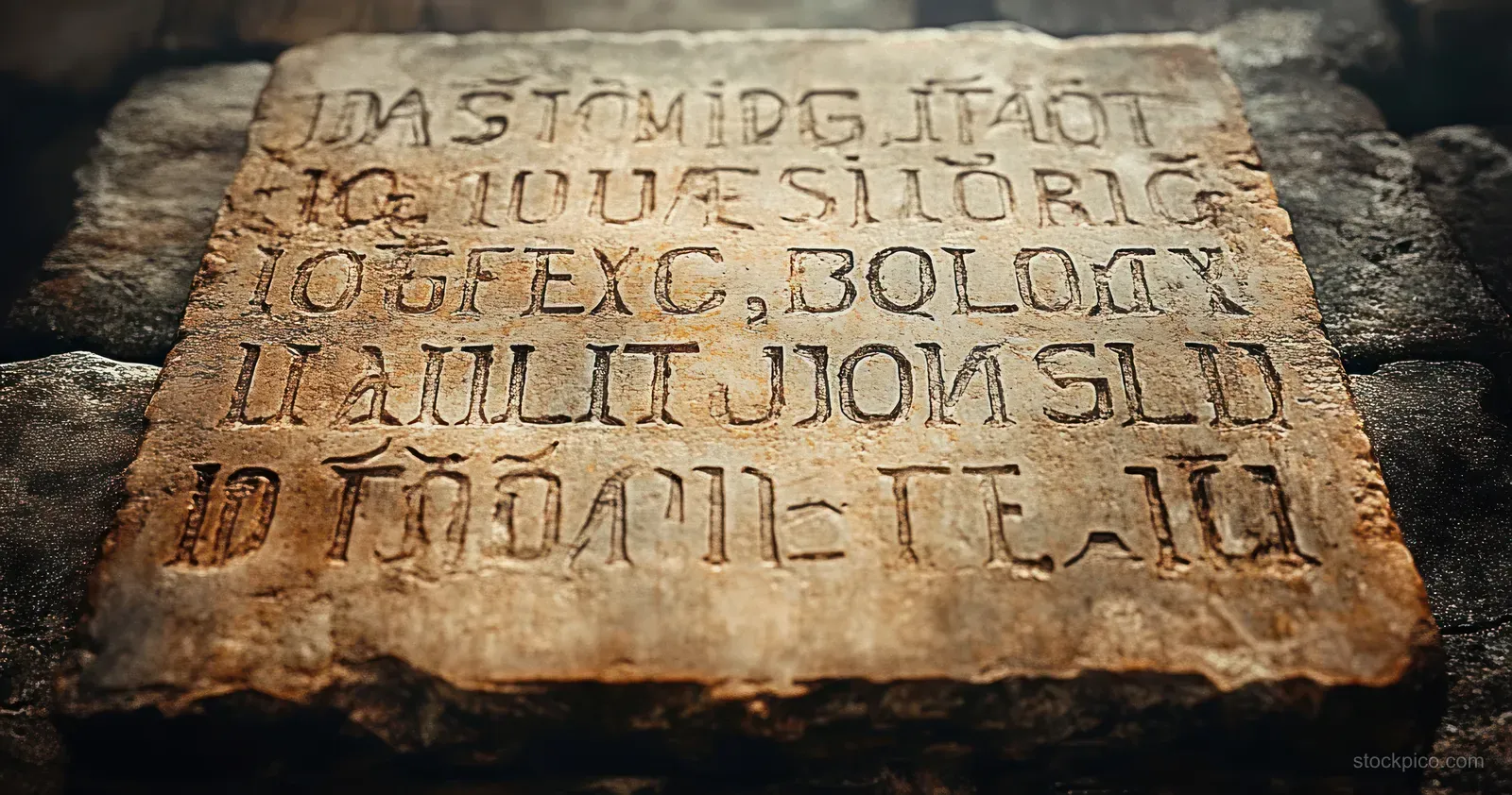 Weathered stone tablet close-up showing carved Ancient Greek letters and aged patina in dim light.
