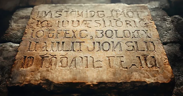 Weathered stone tablet close-up showing carved Ancient Greek letters and aged patina in dim light.