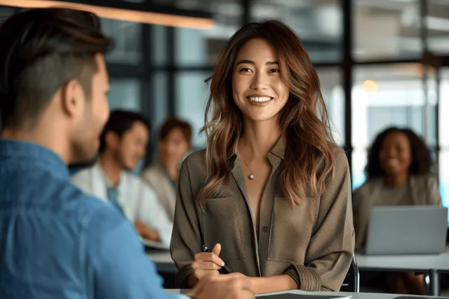 A smiling businesswoman presents project strategy to a diverse team at a conference table in an office.