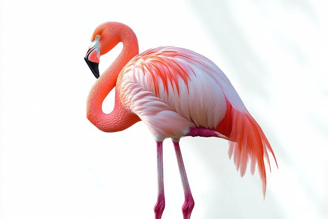 Pink flamingo standing on one leg against a bright white background