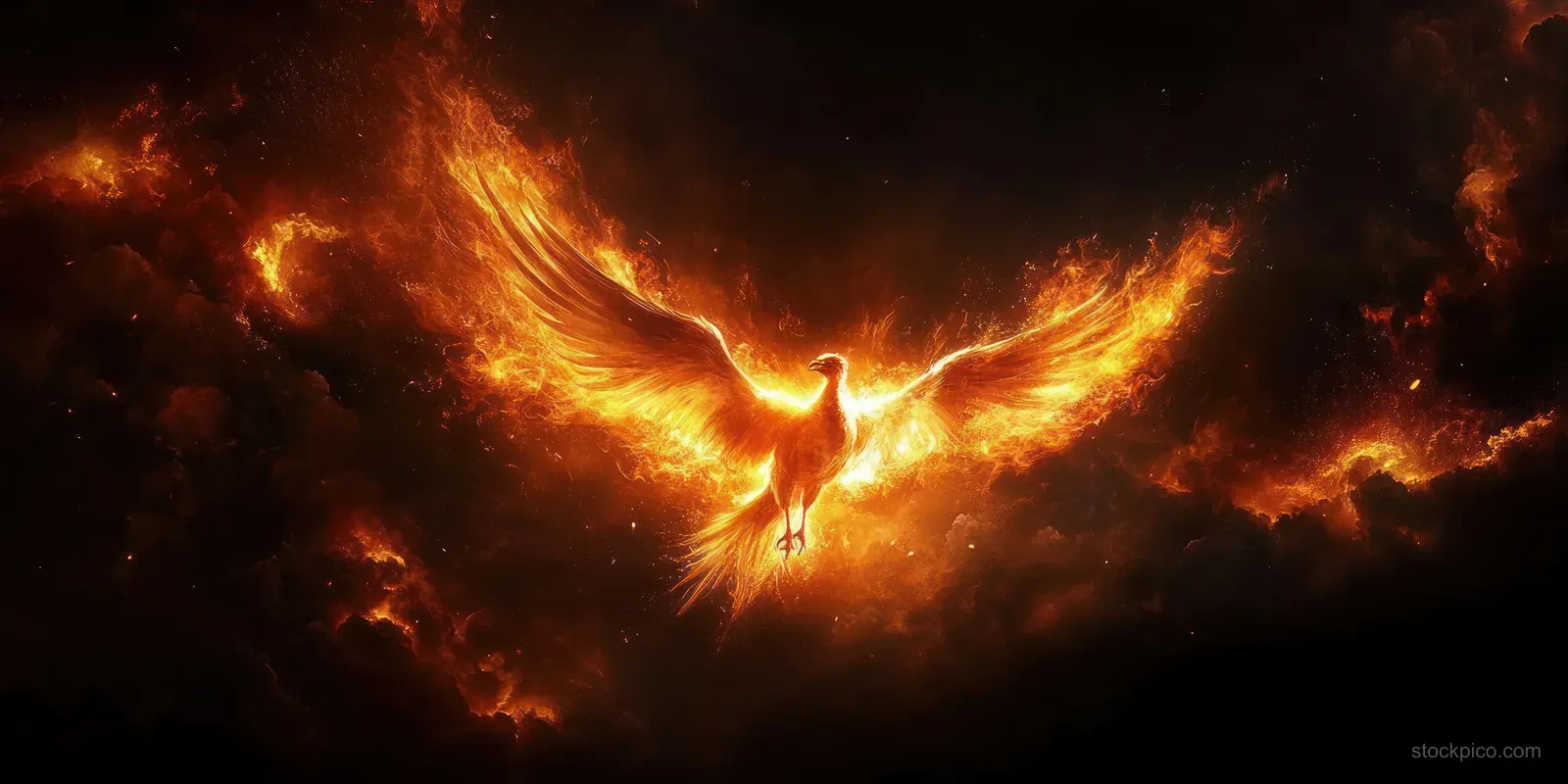 A glowing phoenix rises from blazing flames in a dark nebula background.