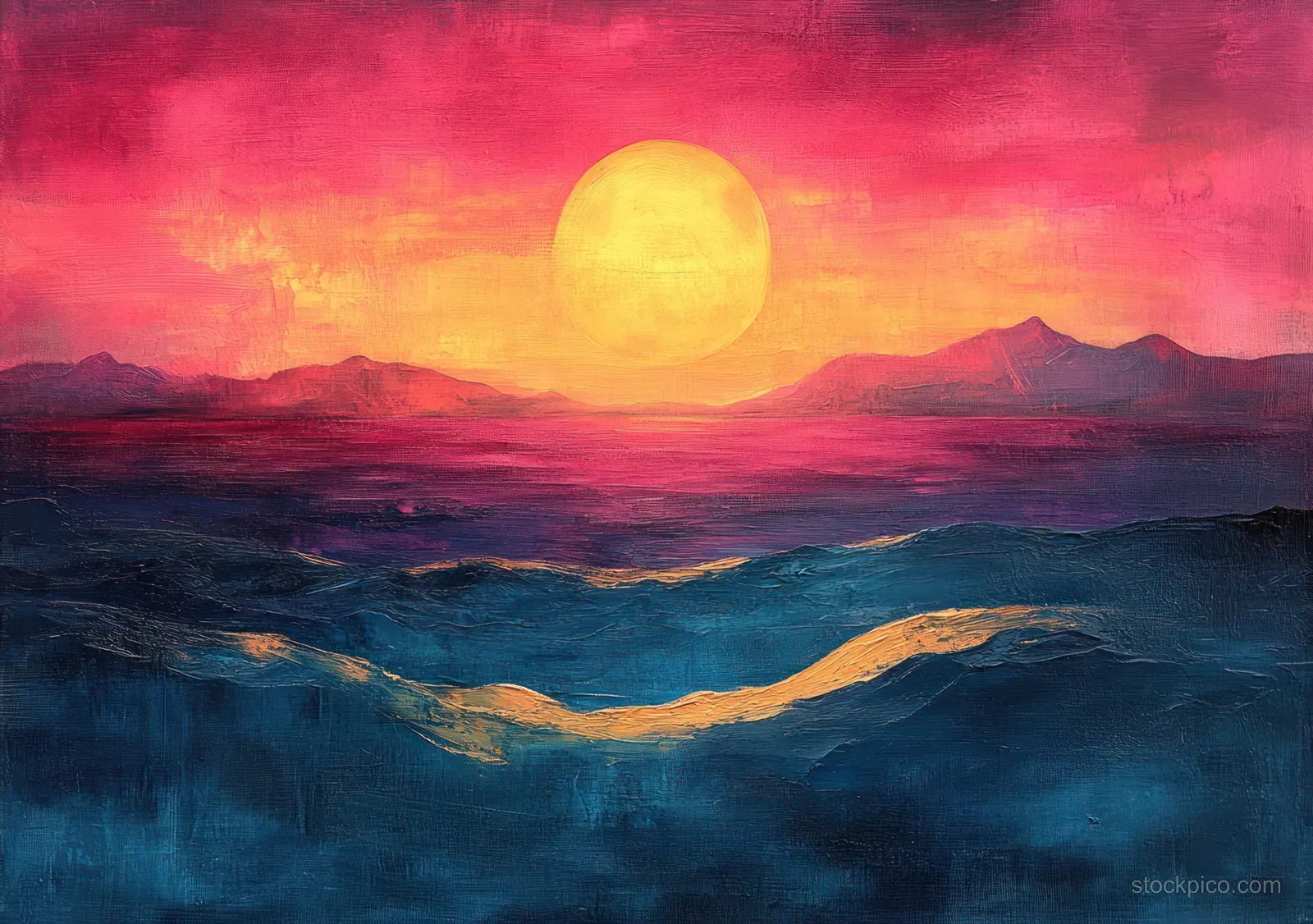 Surreal vaporwave seascape with a glowing sun above mountains and dark rippling water under pink mist.