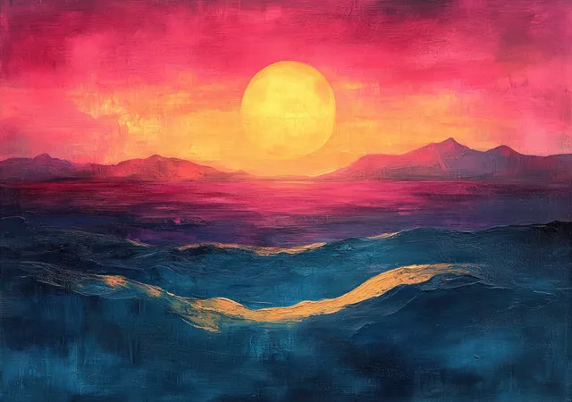 Vaporwave seascape with glowing sun over layered mountains and rippling water