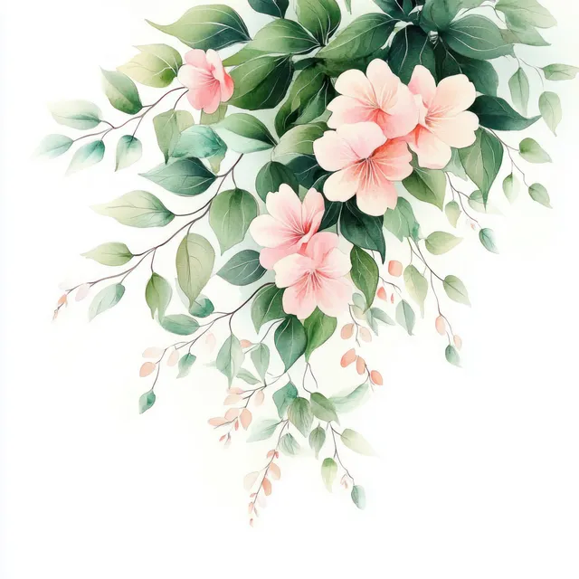 Watercolor cluster of pink flowers with green leaves forming a decorative border on a white background.