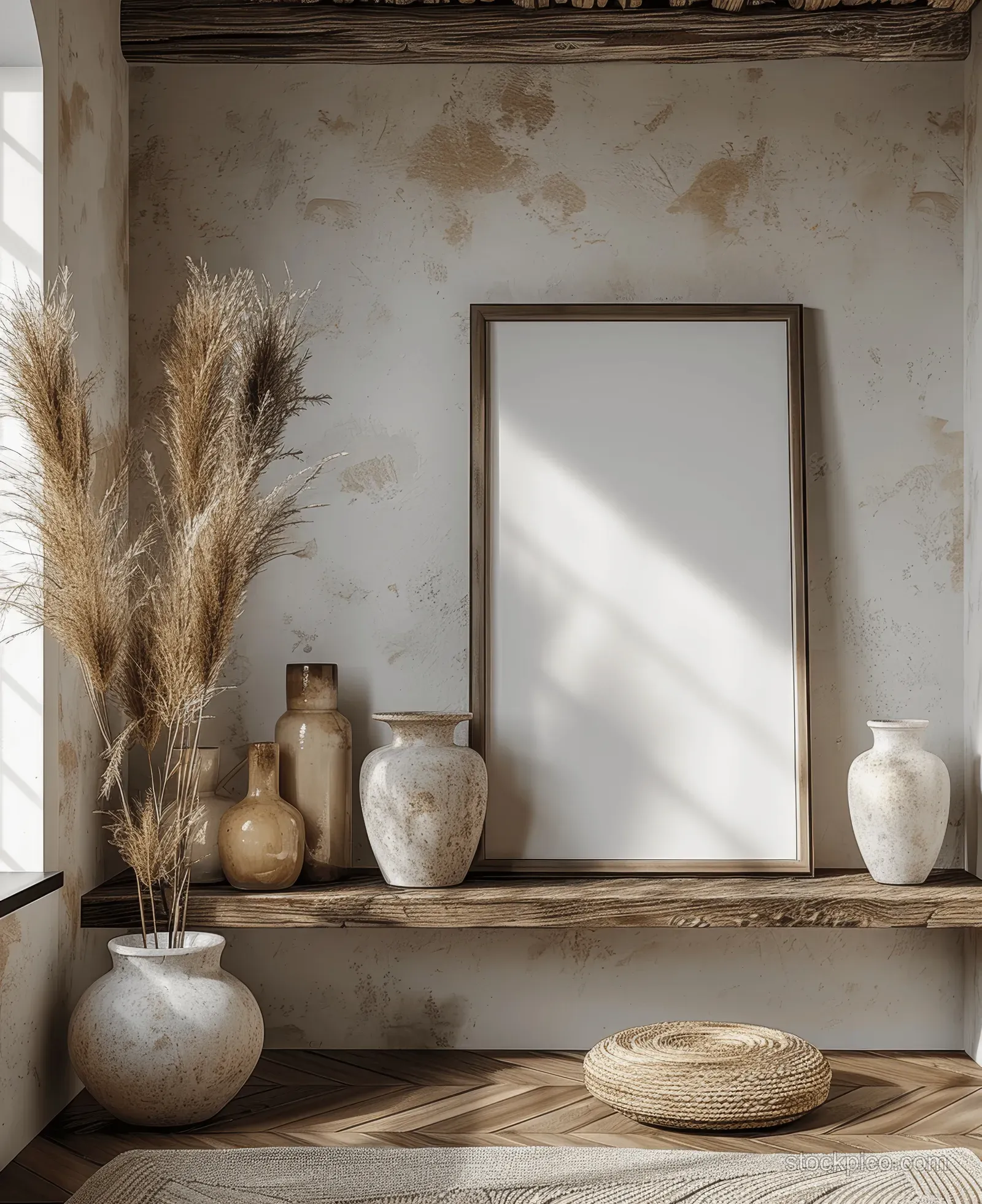 Rustic wooden shelf in a minimalist room with pampas grass, beige vases, and a framed picture against a neutral wall.