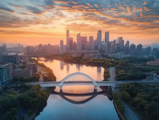 Minneapolis skyline aerial at sunset with reflective river and white arched bridge