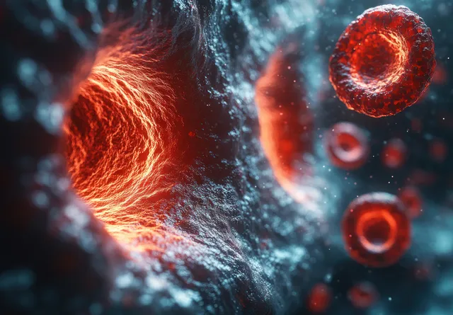 Red blood cells drift through an artery where cholesterol plaque narrows the channel under dark lighting.