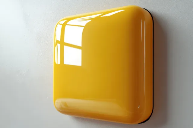A bright yellow on off toggle switch button with a glowing lamp icon on a light background.
