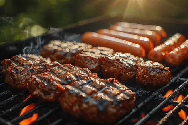 Steaks and Sausages Sizzling on Backyard Grill at Sunset