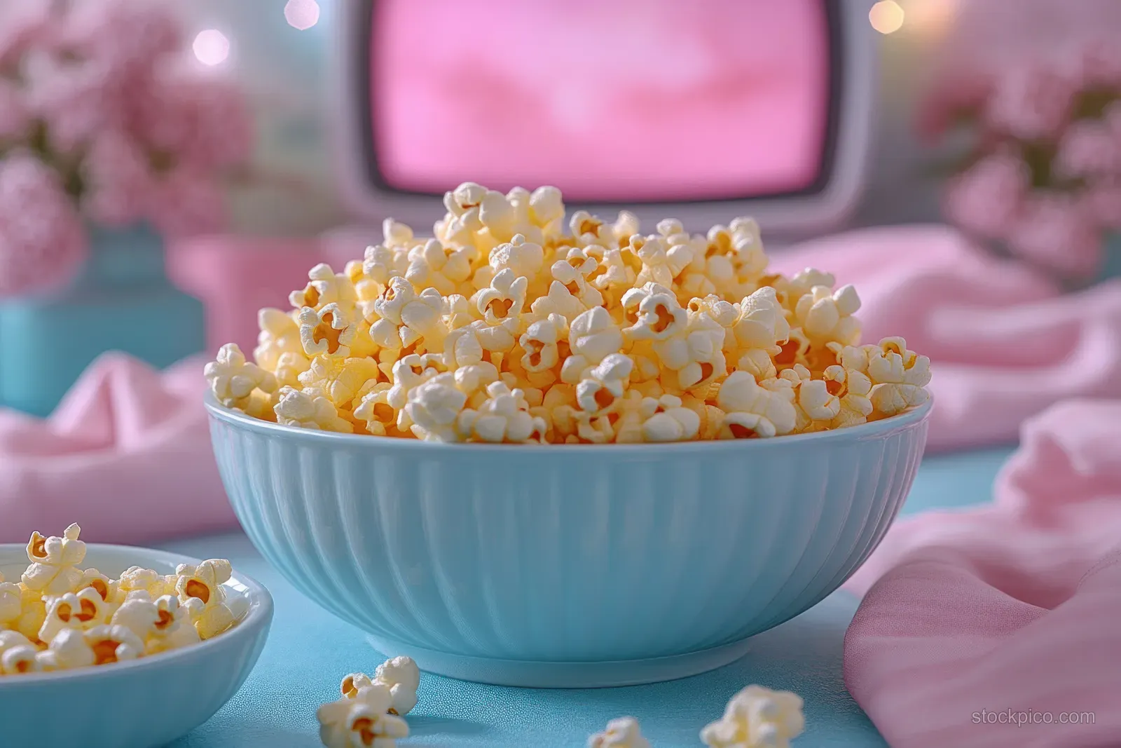 A bowl of buttered popcorn on a pastel table with a glowing pink TV screen blurred behind it.