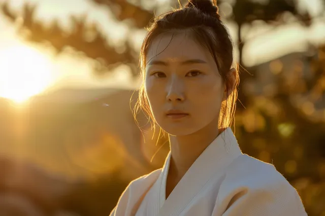 A female judoka in a white gi holds a traditional judo stance in warm sunrise light outdoors.