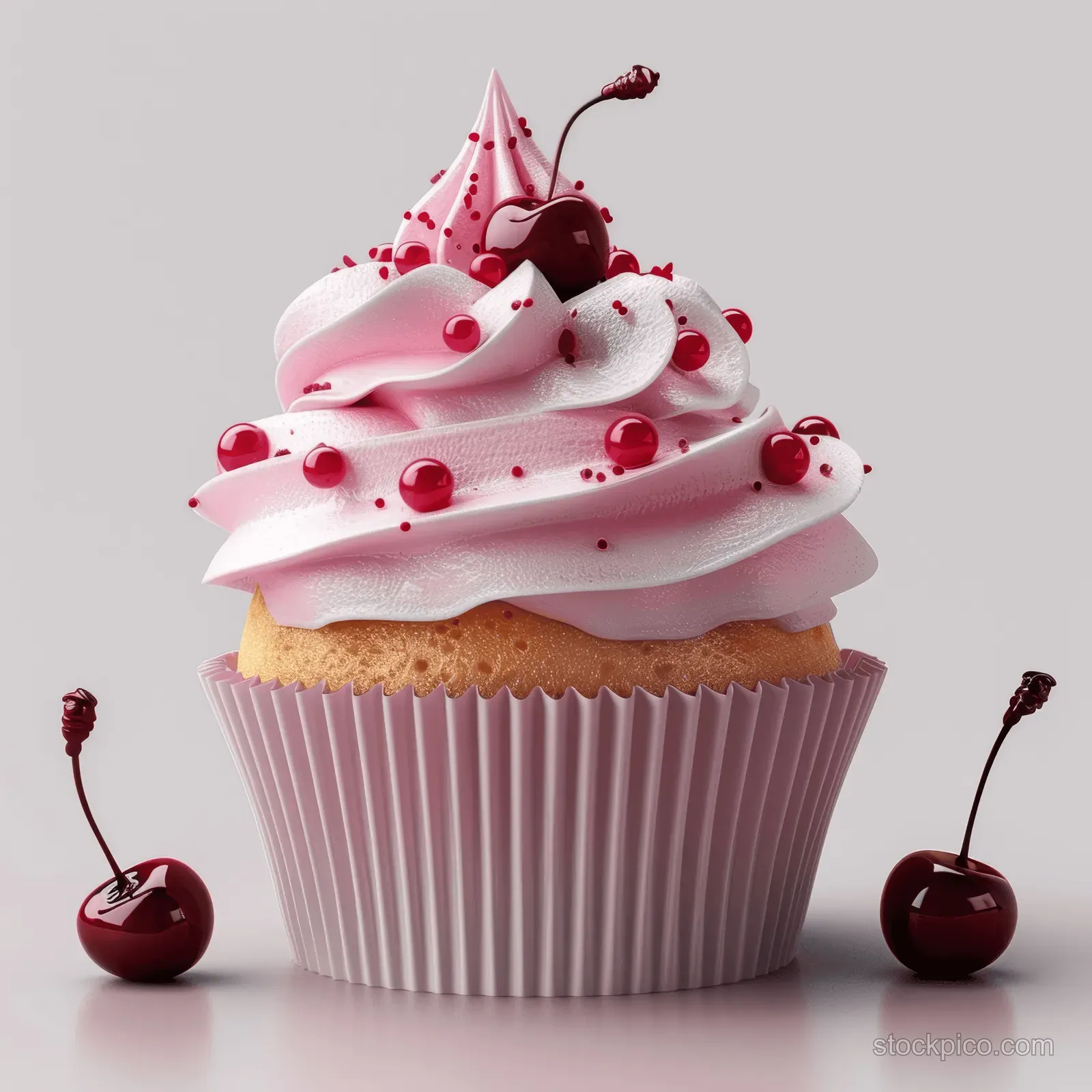 Pink cupcake with piped white frosting and red cherries on a light tabletop background.