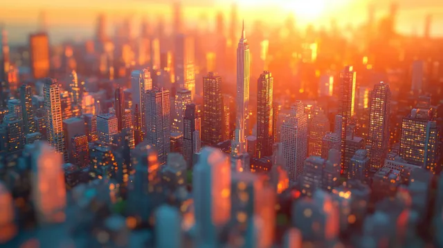Aerial view of Riyadh's skyline at sunset, highlighting modern high-rises and warm golden-hour lighting over the city.