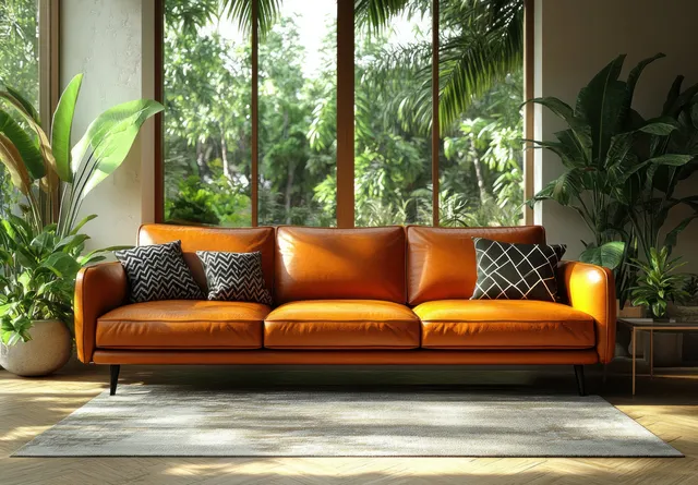 Orange leather sofa with geometric cushions sits in a minimalist room facing tall windows with indoor greenery.