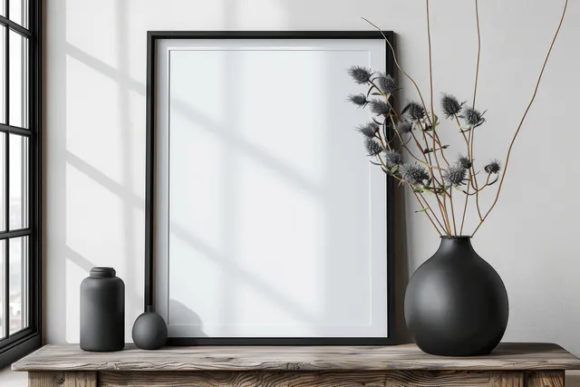 Minimalist black frame mockup on a wooden console with a blank white poster and a thistle-filled vase.
