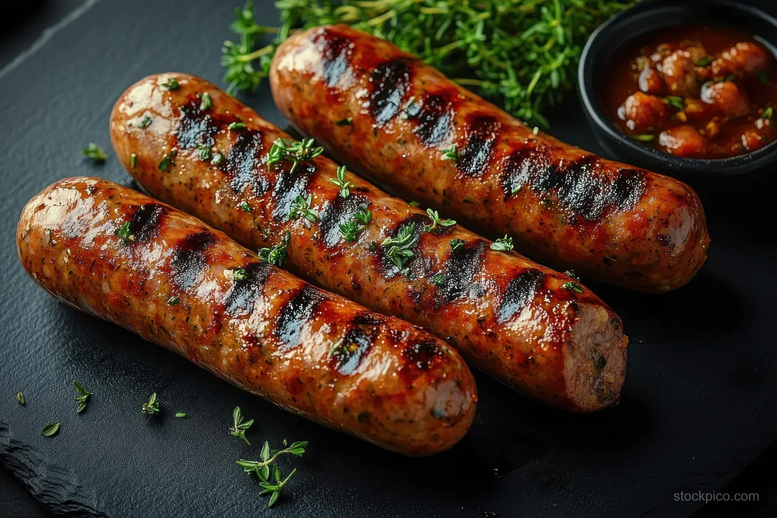 Three grilled sausages with thyme on a dark slate plate with dipping sauce in a small bowl.