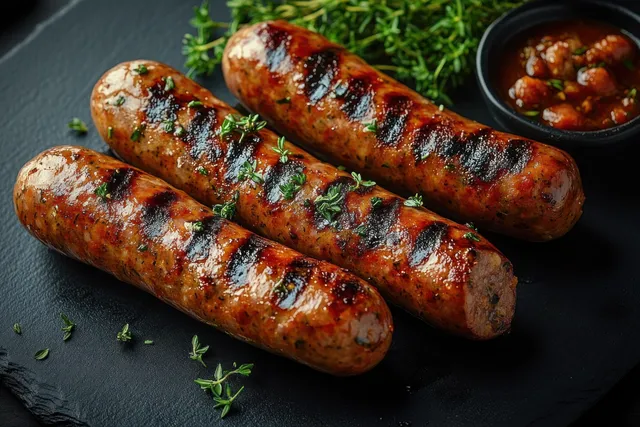 Three grilled sausages with thyme on a dark slate plate with dipping sauce in a small bowl.