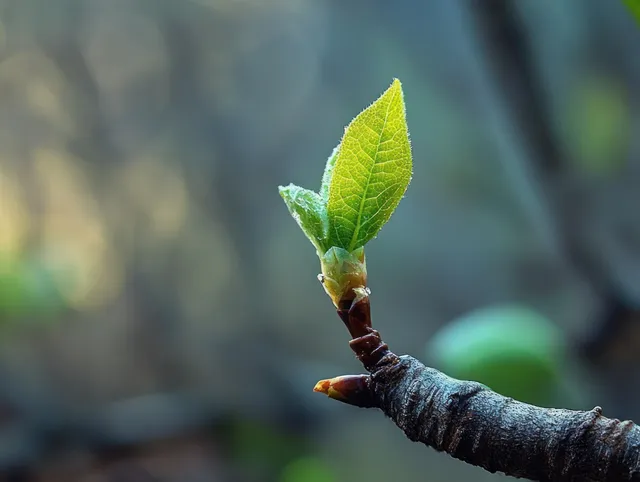 Fresh green leaf sprouting from weathered tree branch in sunlit outdoor macro scene
