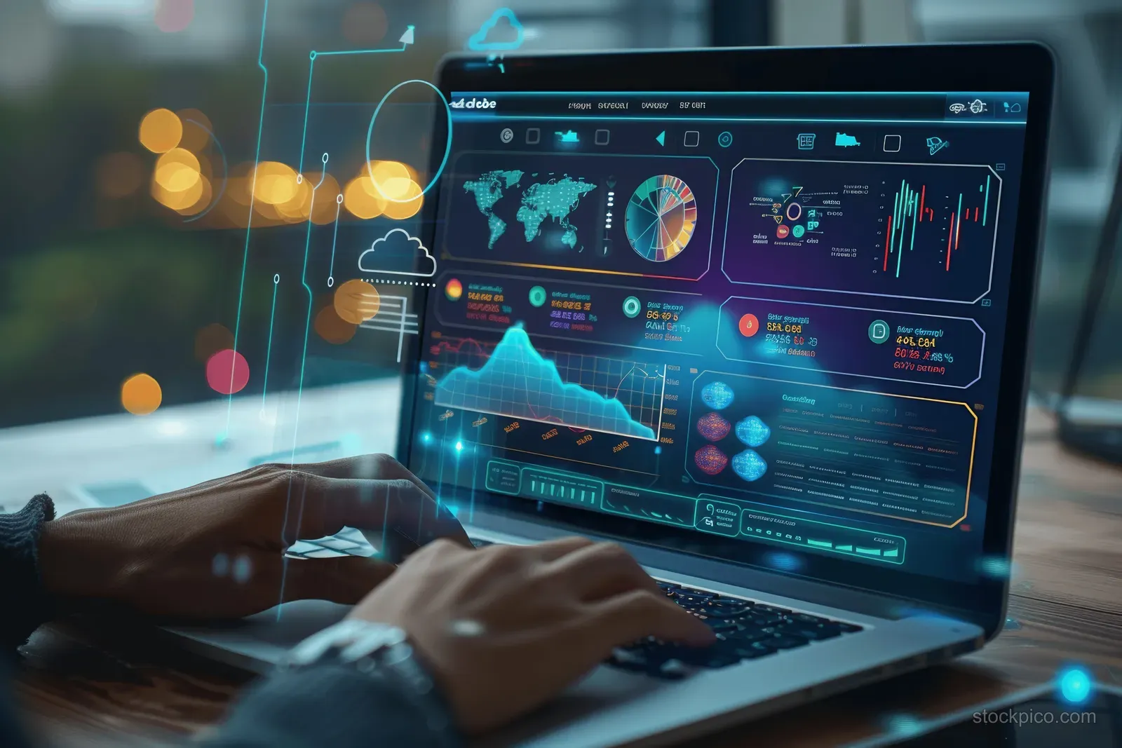 Hands typing on a laptop with finance and marketing analytics dashboards and glowing chart graphics.