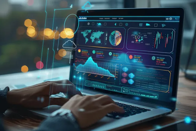 Hands typing on a laptop with finance and marketing analytics dashboards and glowing chart graphics.