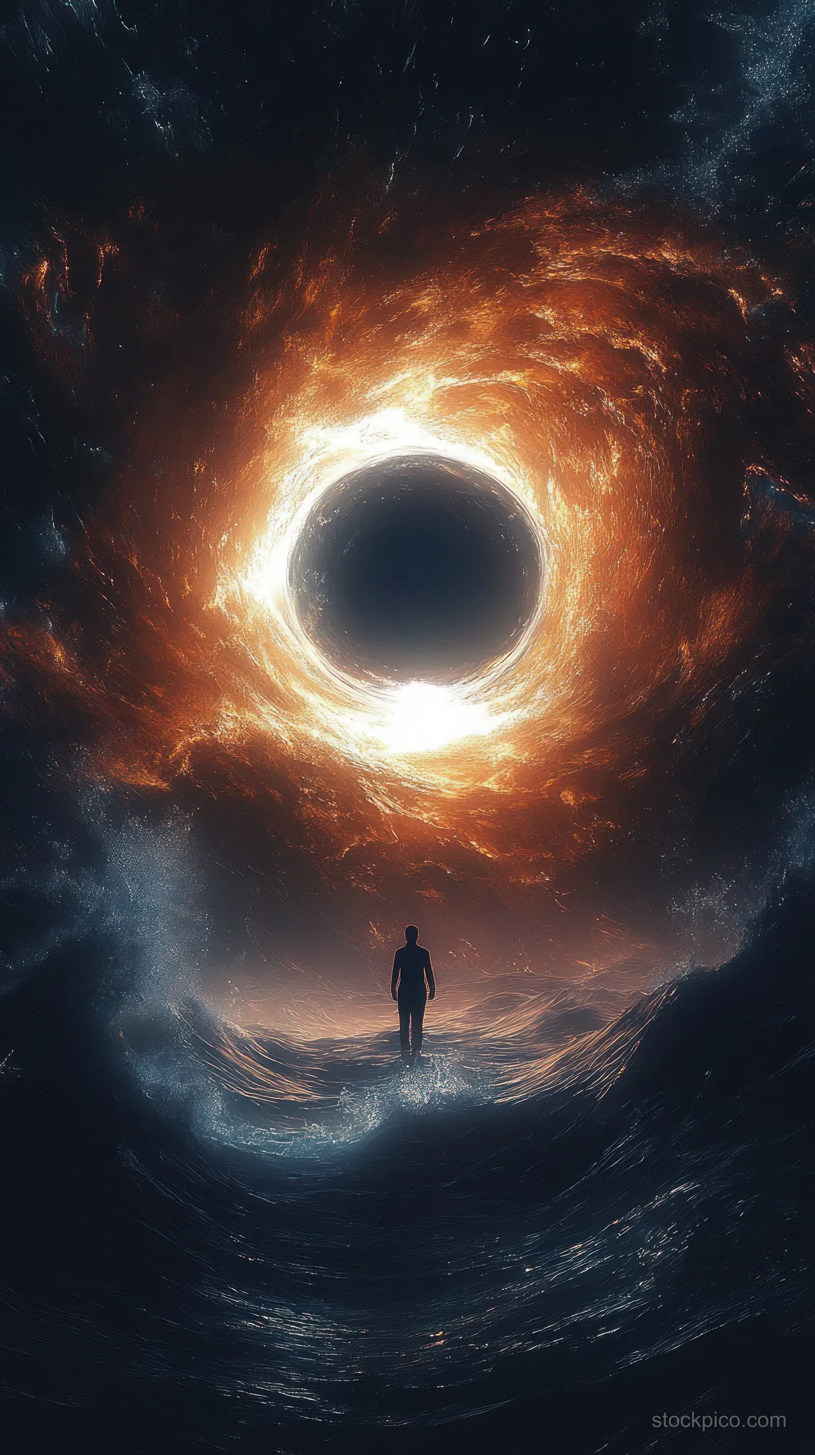 Silhouetted person stands on stormy waves facing a glowing black hole vortex with fiery clouds.