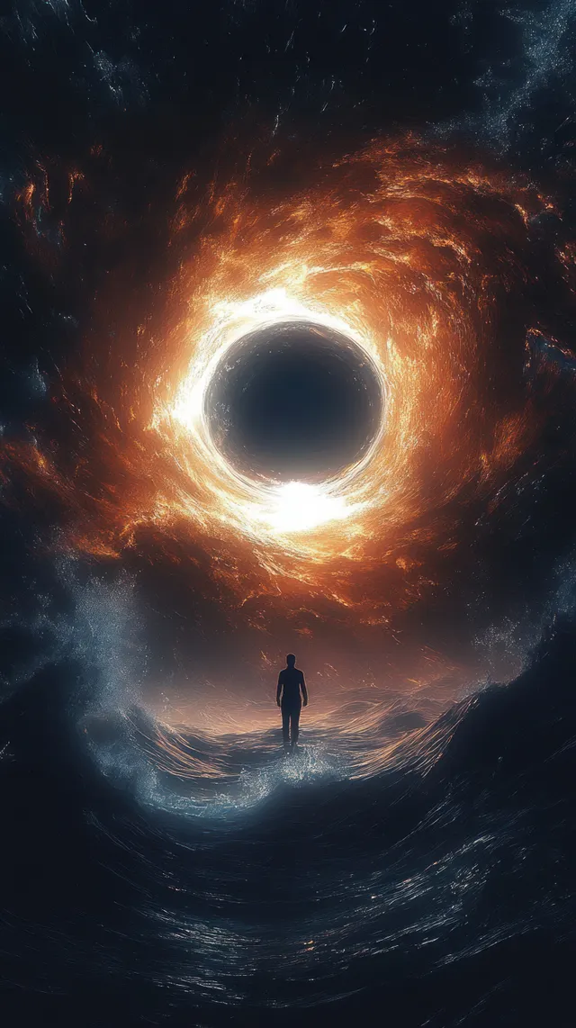 Lone silhouetted traveler stands on stormy ocean facing a glowing black hole vortex with Survival And Isolation
