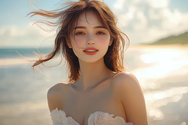 Sunlit Beach Portrait of a Woman with UV Care Summer Skincare Vibes