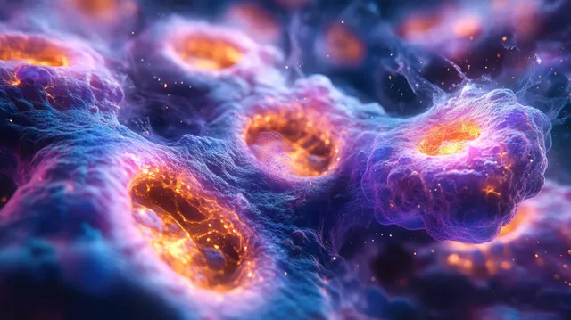 Glowing virus-like particles float and cluster in a colorful swirling biomedical background.
