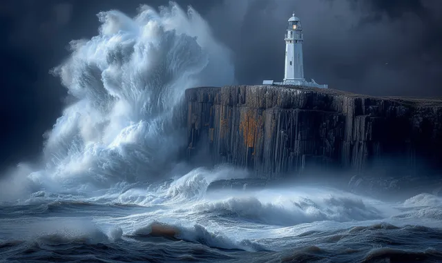 A lighthouse on a rocky cliff is struck by a massive crashing wave amid dark storm clouds.