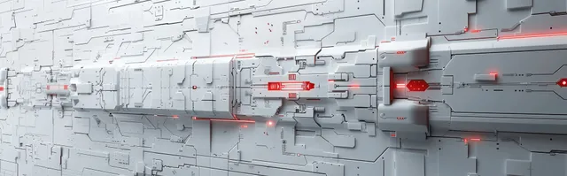 Cyberpunk circuit panel wall with red indicator lines and layered metallic depth