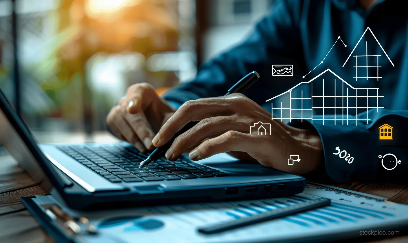 Real estate agent analyzing property investment charts on a laptop with house blueprint lines overlay.