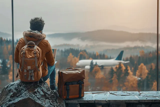 Digital nomad working on a laptop atop a mountain, backpack beside, valley view