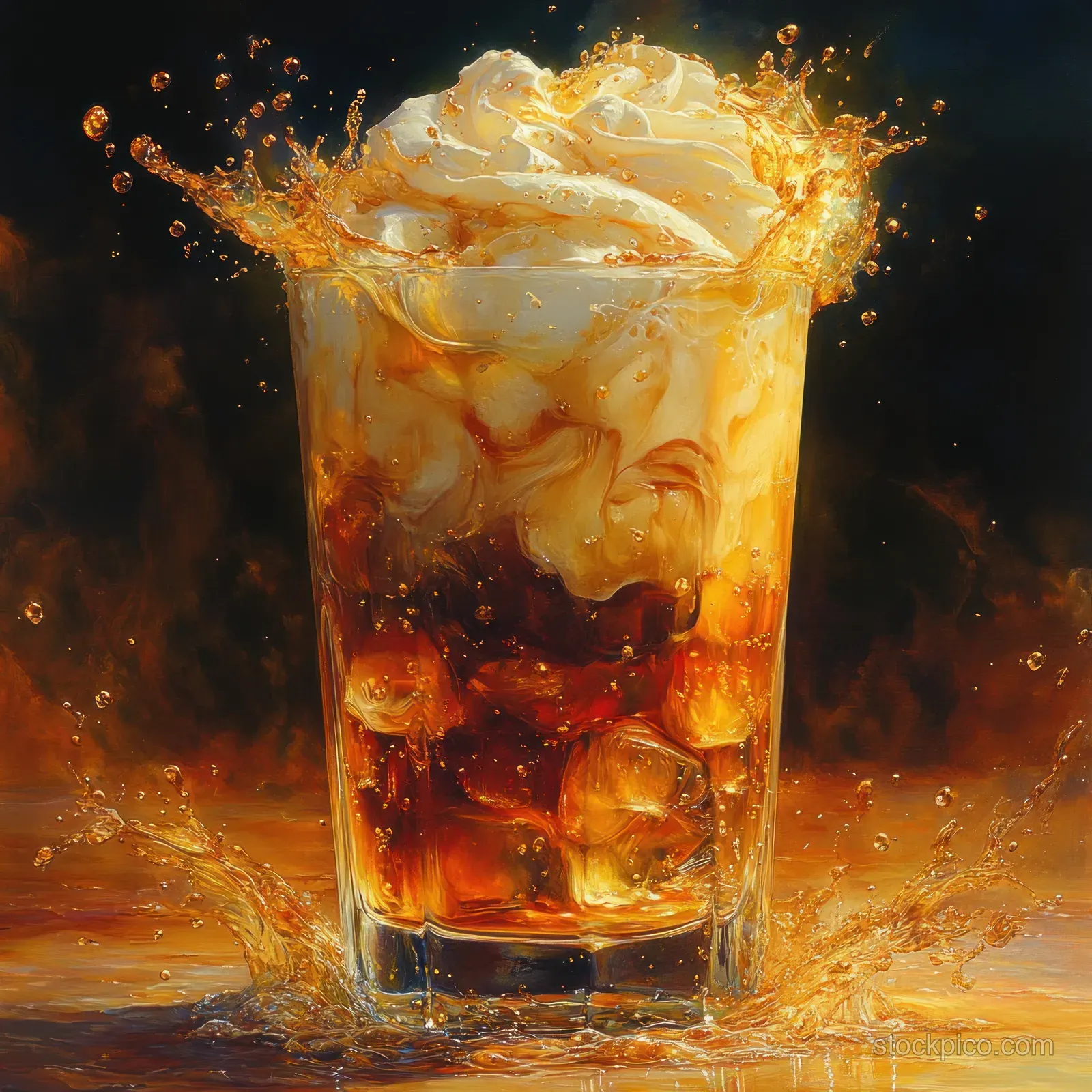 Iced coffee in a glass with cream and ice cubes splashing against a dark background.
