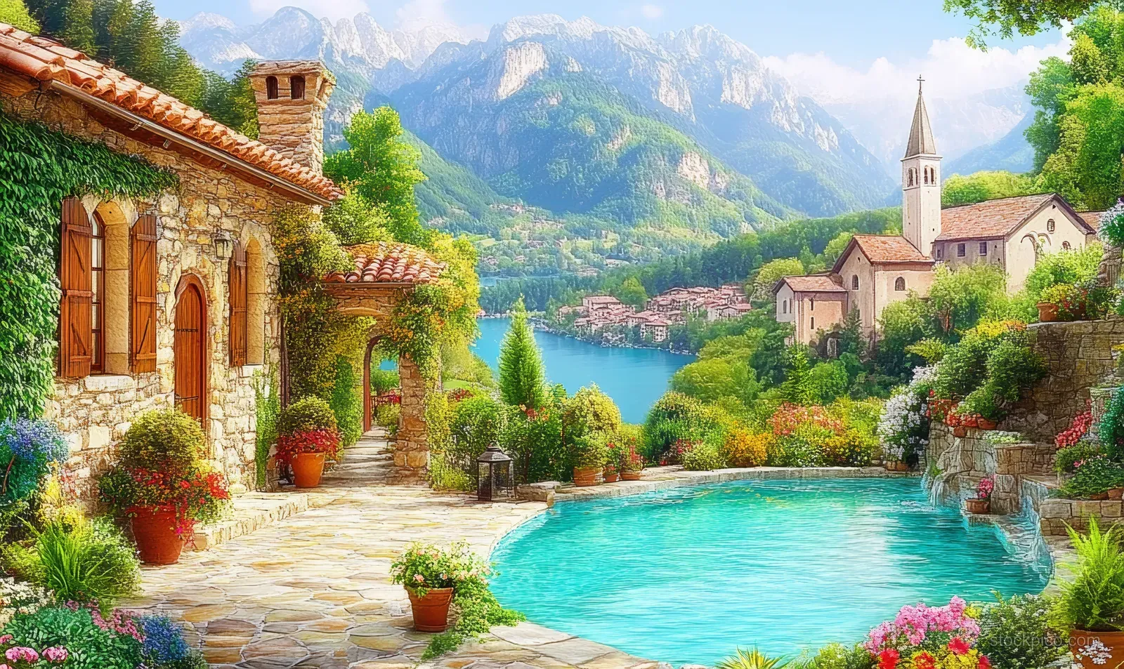 Stone cottage terrace and garden overlook a turquoise lake with mountains and a distant church steeple.