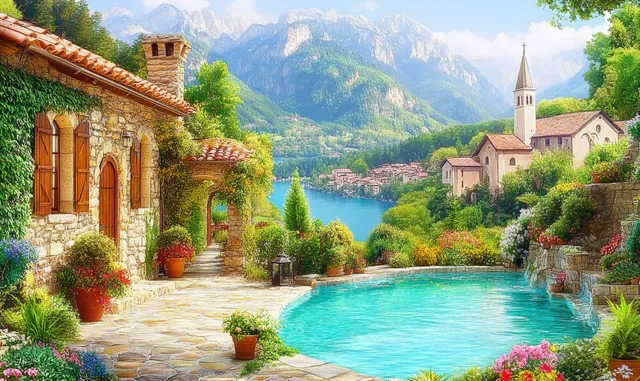 Stone cottage terrace overlooking turquoise mountain lake and church steeple panorama with Gardens And Courtyards