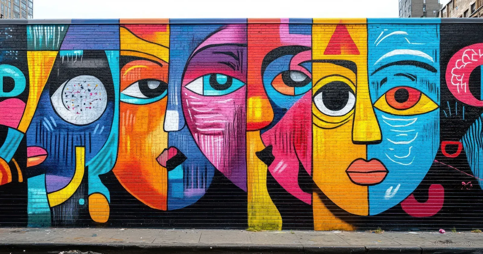 Colorful abstract mural shows stylized faces with bold outlines and geometric shapes on a brick wall.