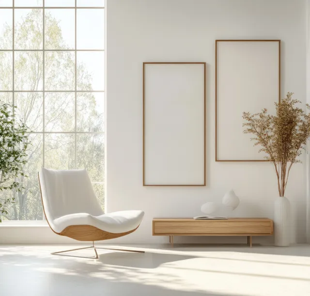Scandinavian living room scene with light wood side table, white armchair, soft sunlight